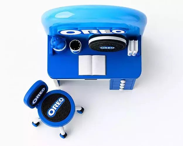 Oreo-themed Fantasy Blue Study Desk Setup Kids Gameready Print 3D model 7