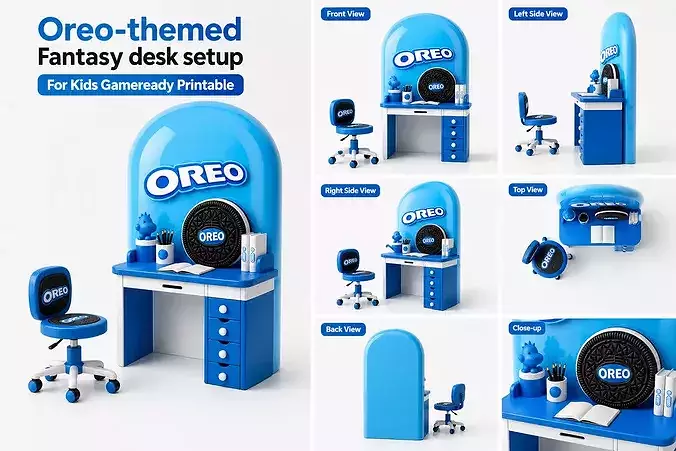 Oreo-themed Fantasy Blue Study Desk Setup Kids Gameready Print 3D model