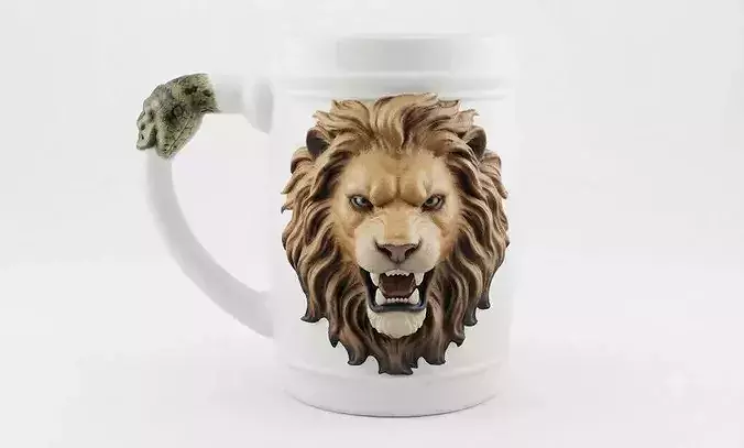White Ceramic Mug with Lion Relief Detail 3