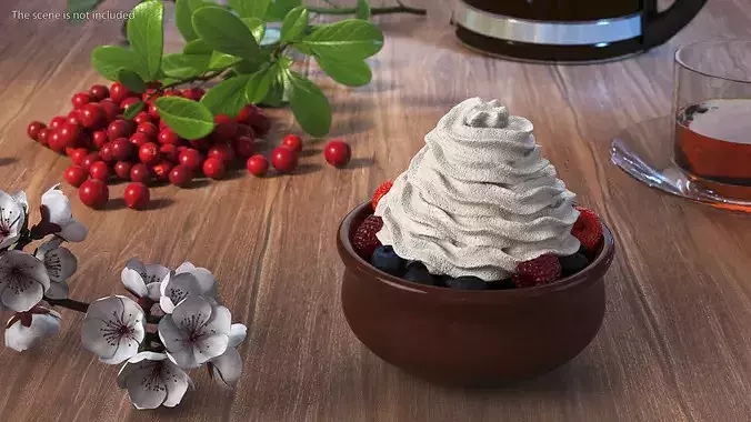 Bowl of Berries with Whipped Cream 3D model 3