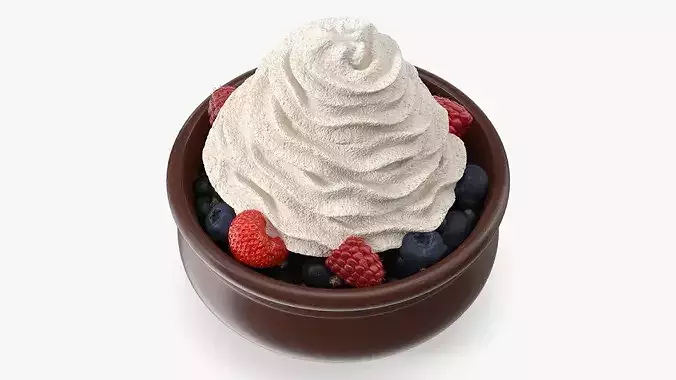 Bowl of Berries with Whipped Cream 3D model 2