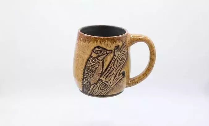 Handmade Ceramic Mug with Wood Texture and Bird Motif 4