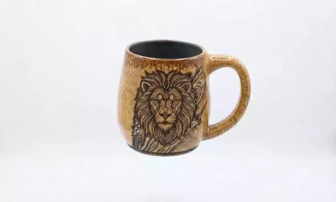 Handmade Ceramic Mug with Wood Texture and Lion Motif 5