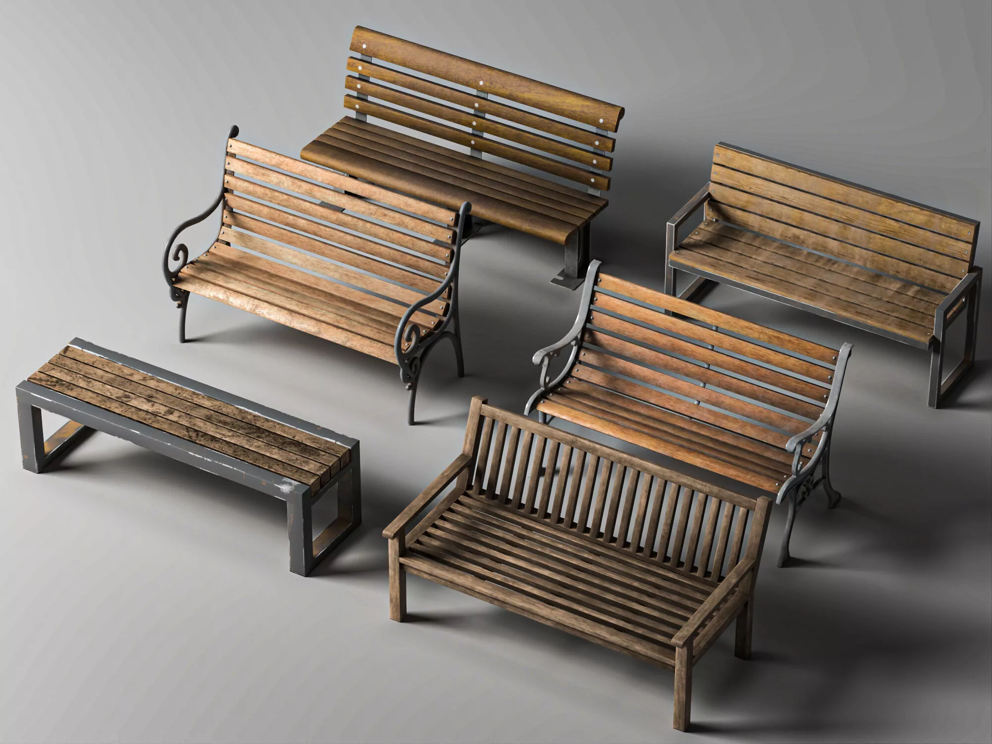 Park Bench Set Wooden Outdoor Seating Low-poly 3D model