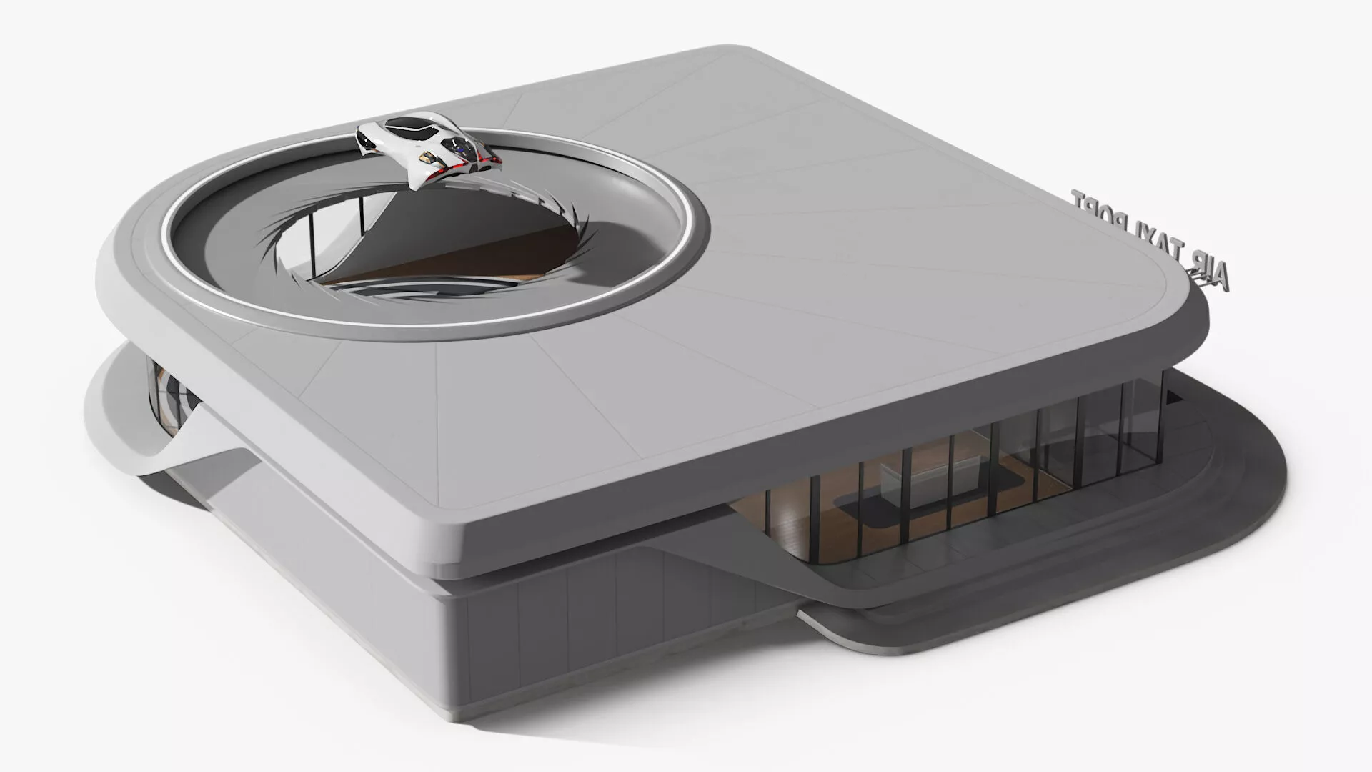Air Port with Landing Pad and Futuristic Urban Flying Car Rigged 3D model
