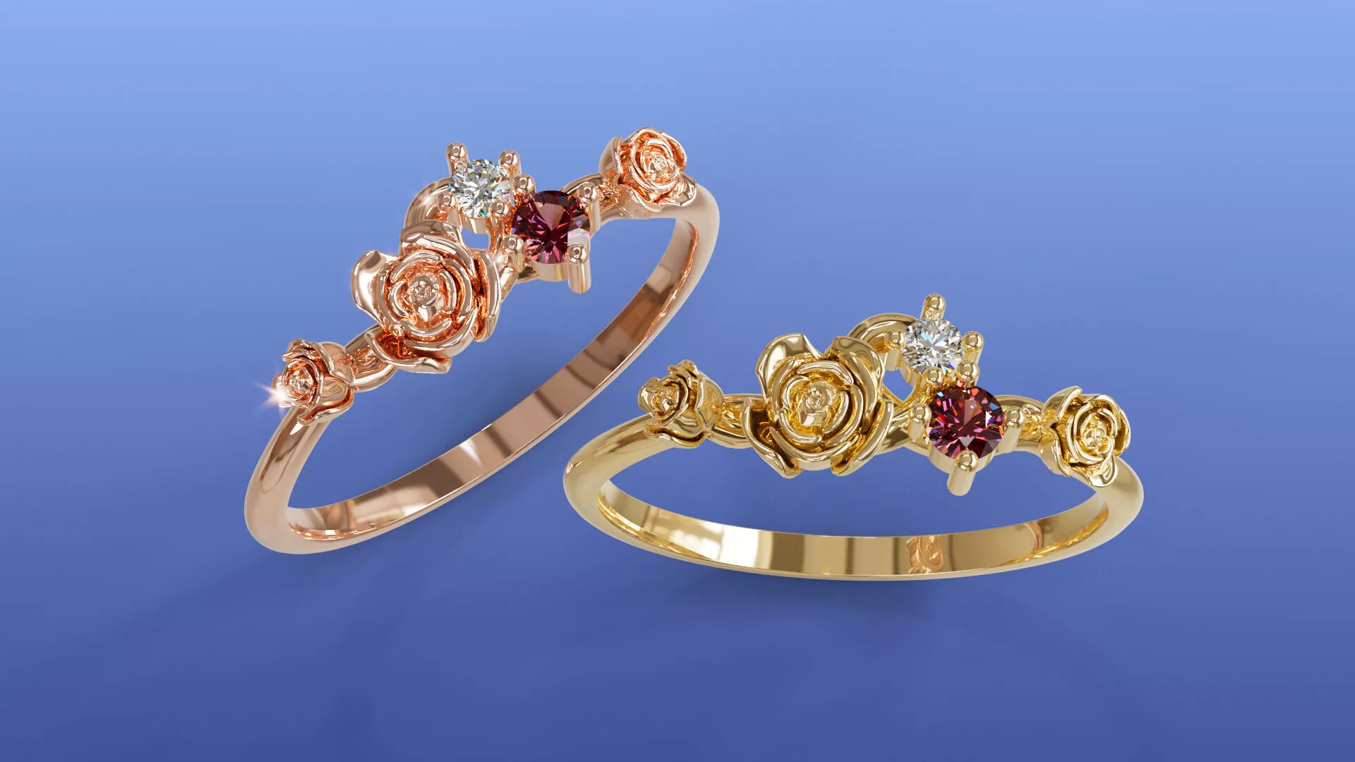 Romantic Rose Floral Garden Two-Stone Ring 3D print model