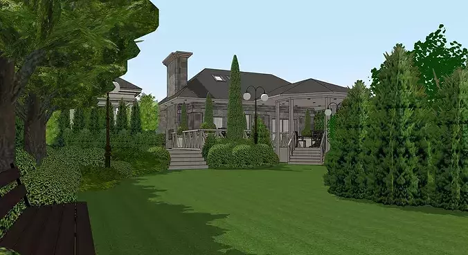 European Winery Estate Manor with Garden Courtyard and Pond 3D model 2