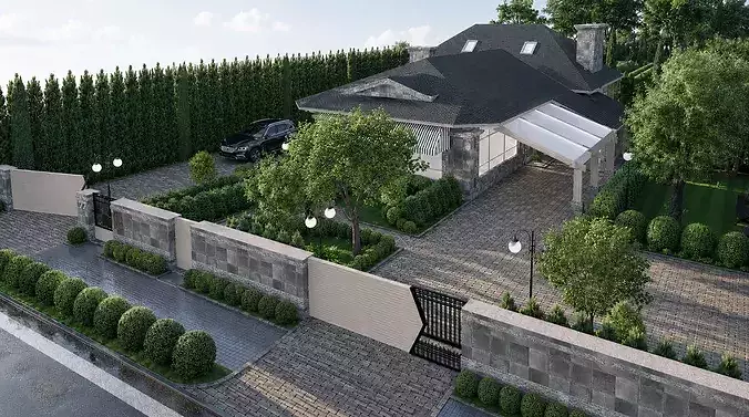 European Winery Estate Manor with Garden Courtyard and Pond 3D model 5