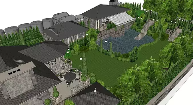 European Winery Estate Manor with Garden Courtyard and Pond 3D model 4