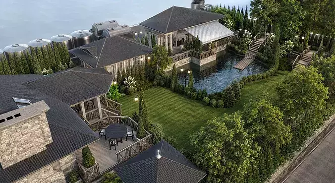 European Winery Estate Manor with Garden Courtyard and Pond 3D model 3