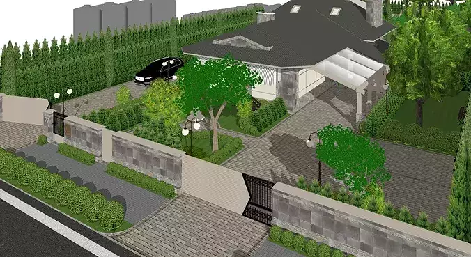 European Winery Estate Manor with Garden Courtyard and Pond 3D model 6