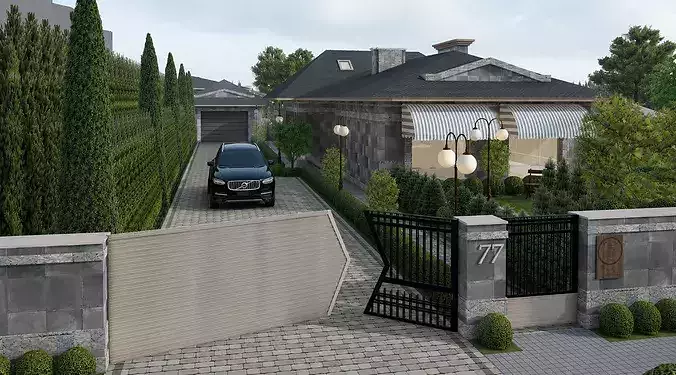 European Winery Estate Manor with Garden Courtyard and Pond 3D model 7