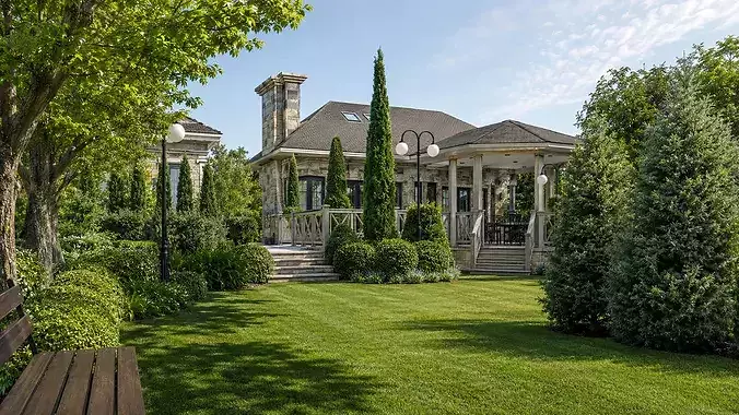 European Winery Estate Manor with Garden Courtyard and Pond 3D model