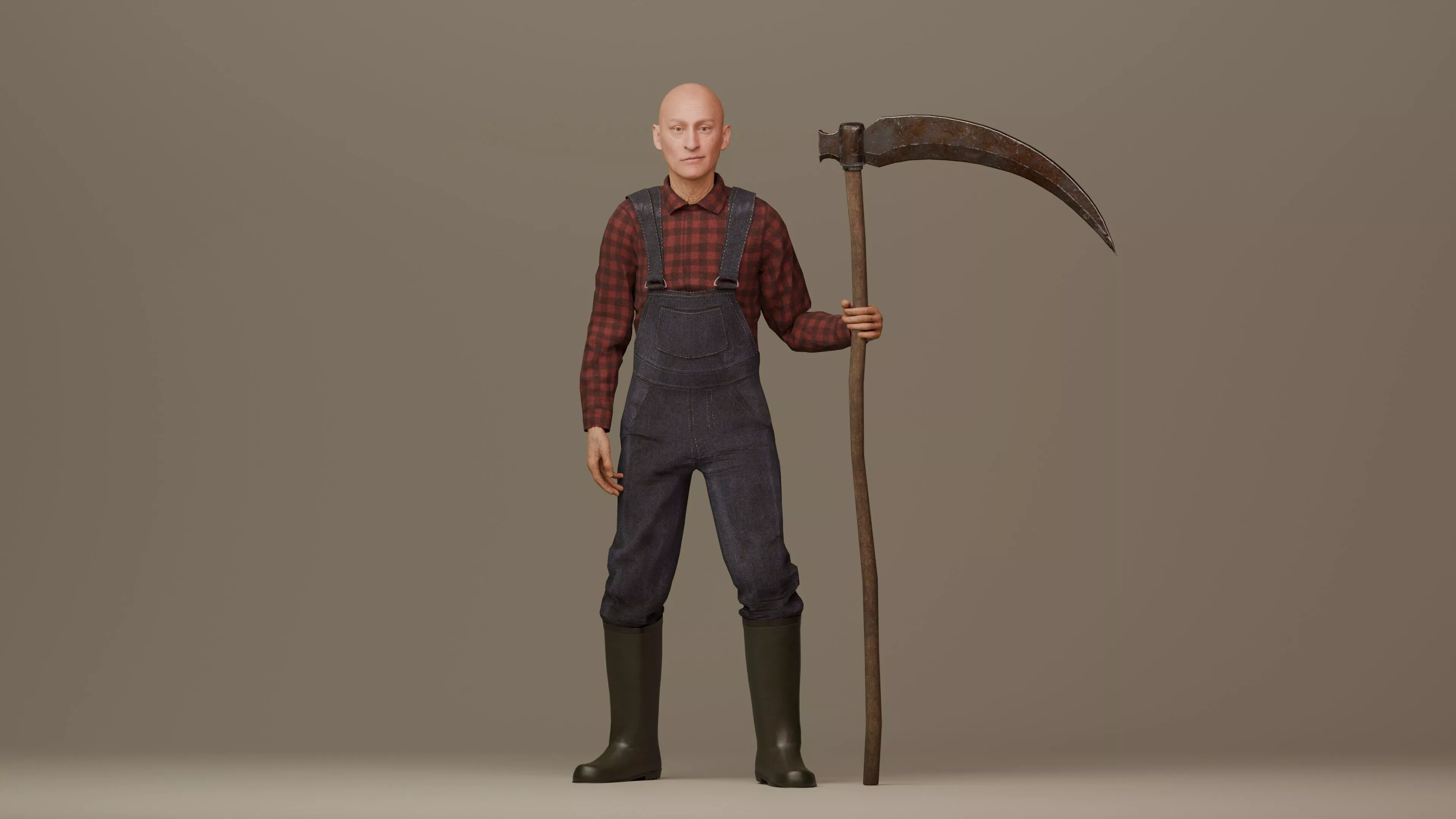 Farmer with Scythe Lawnmower Low-poly 3D model