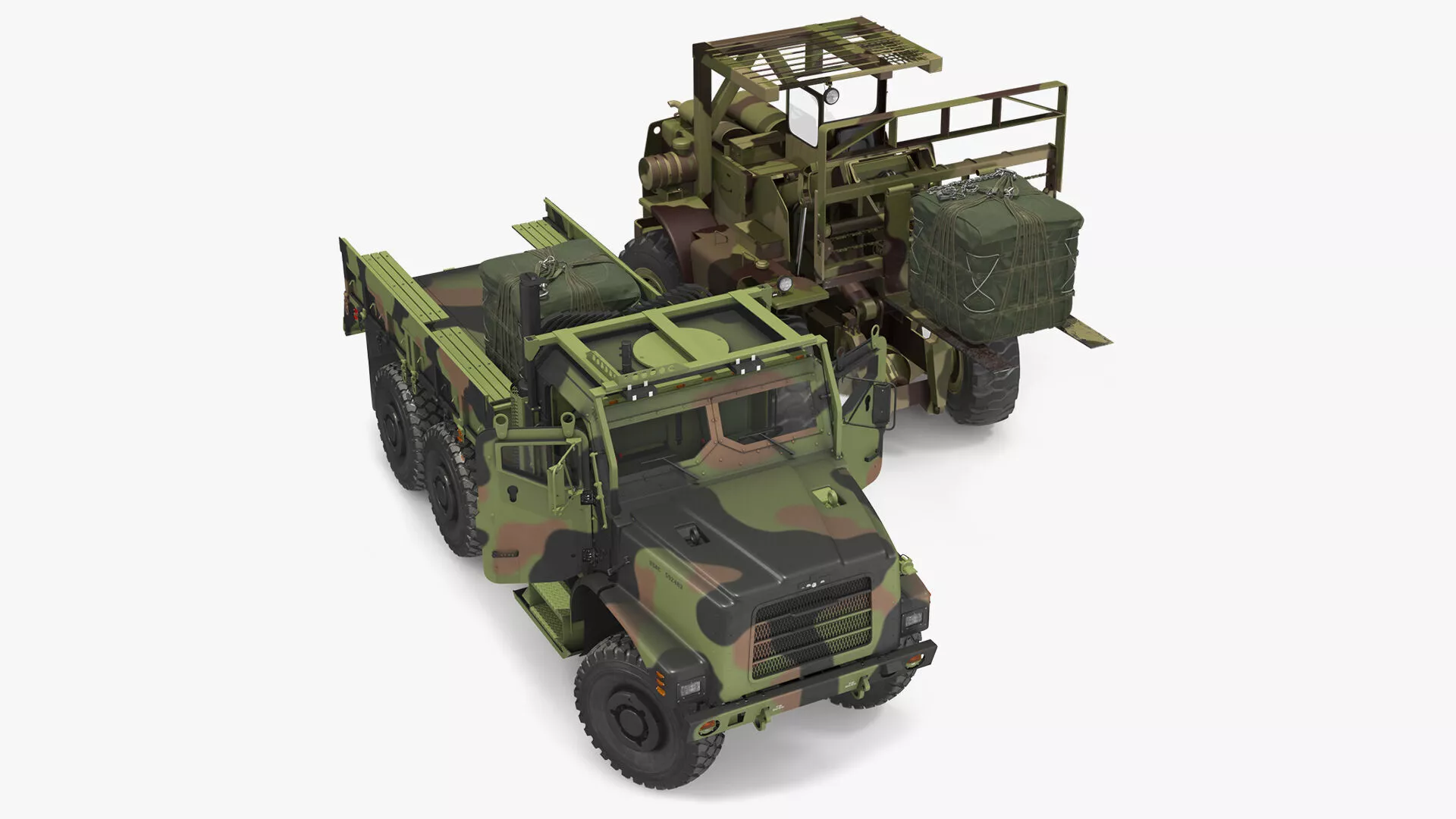 Military Forklift Loard Cargo to the OshKosh MTVR MK23 Rigged 3D model