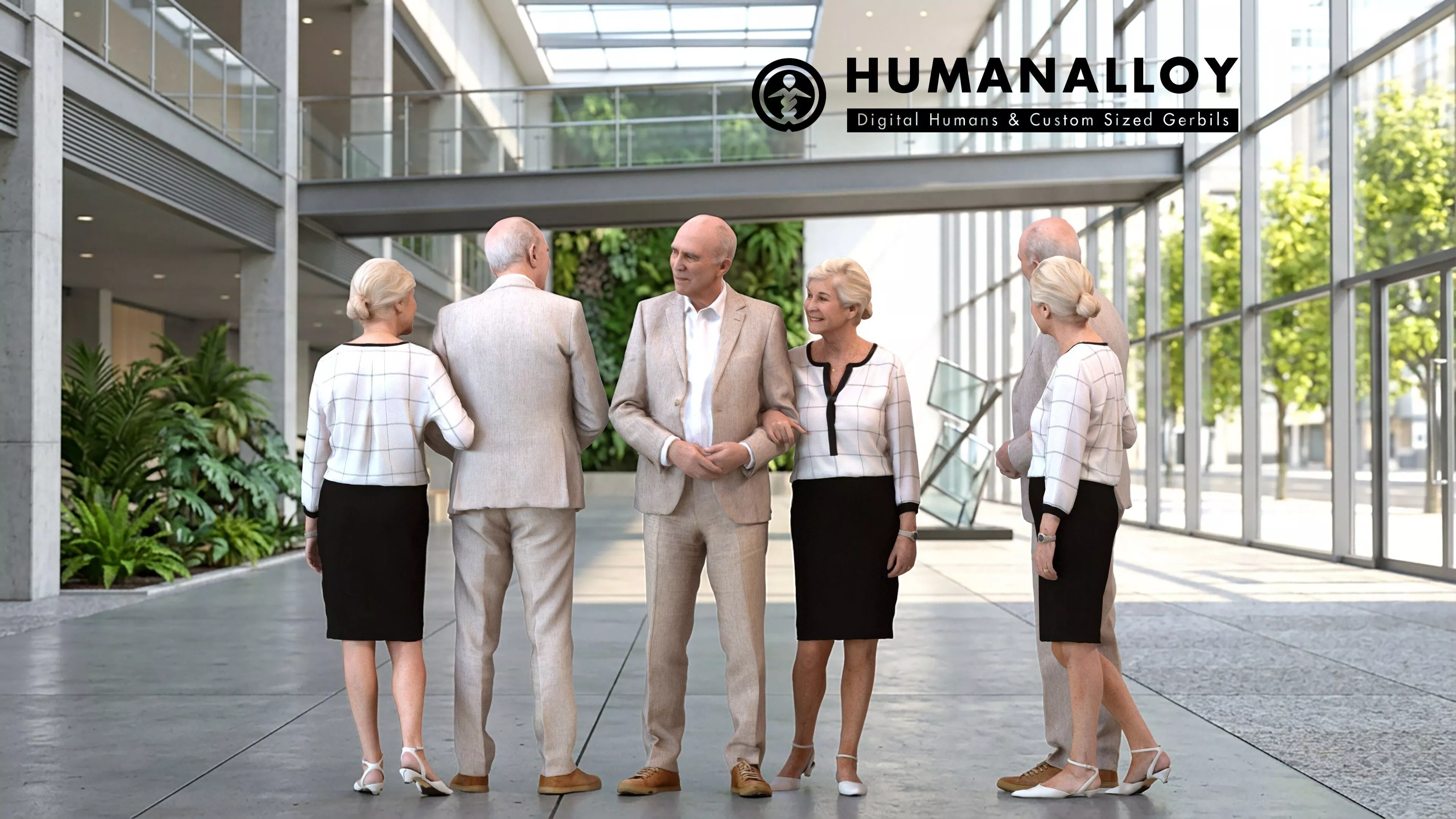 Senior Caucasian professionals bonding in public space wearing 3D model
