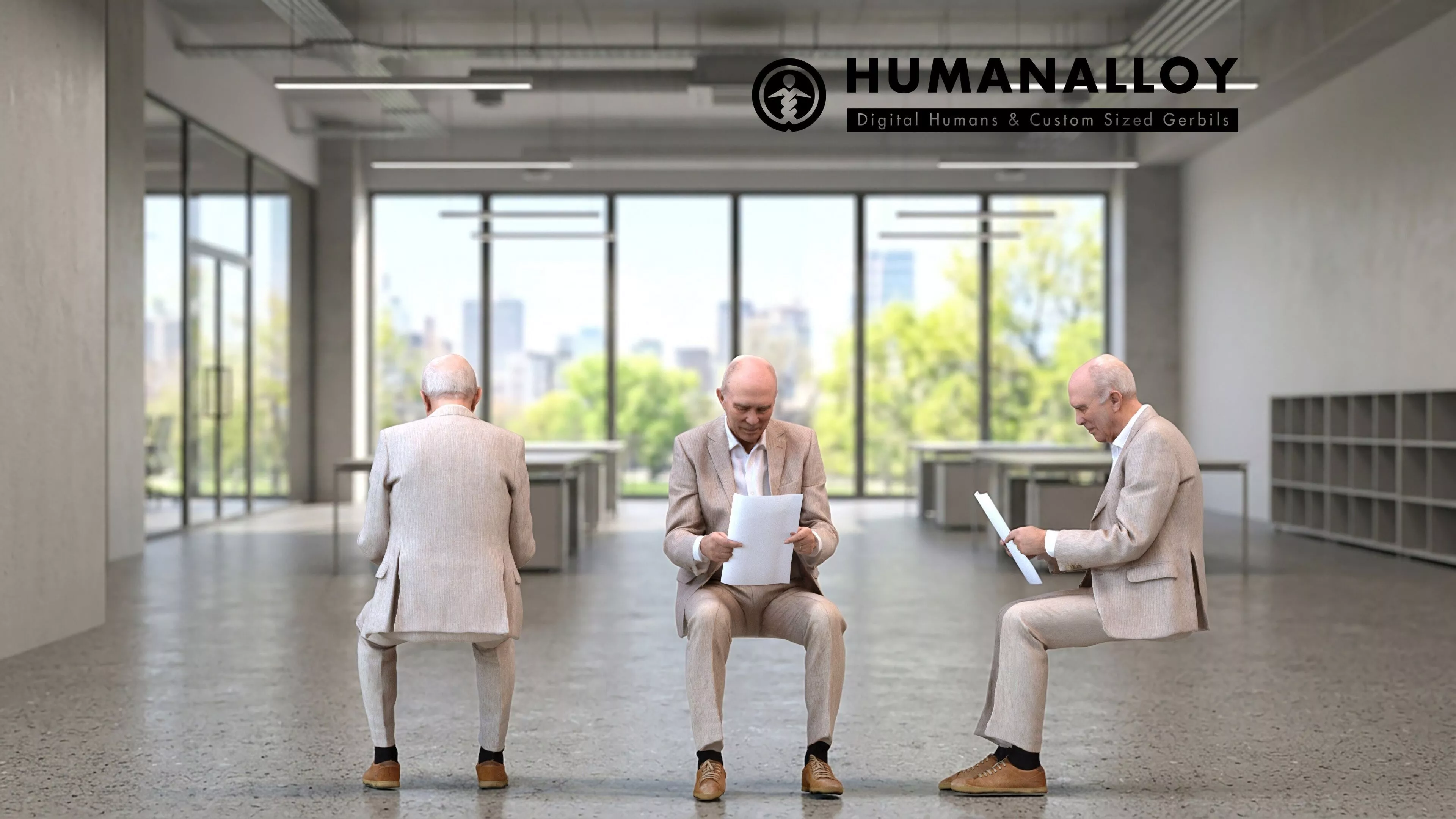 Senior Caucasian man reading documents in office wearing 3D model