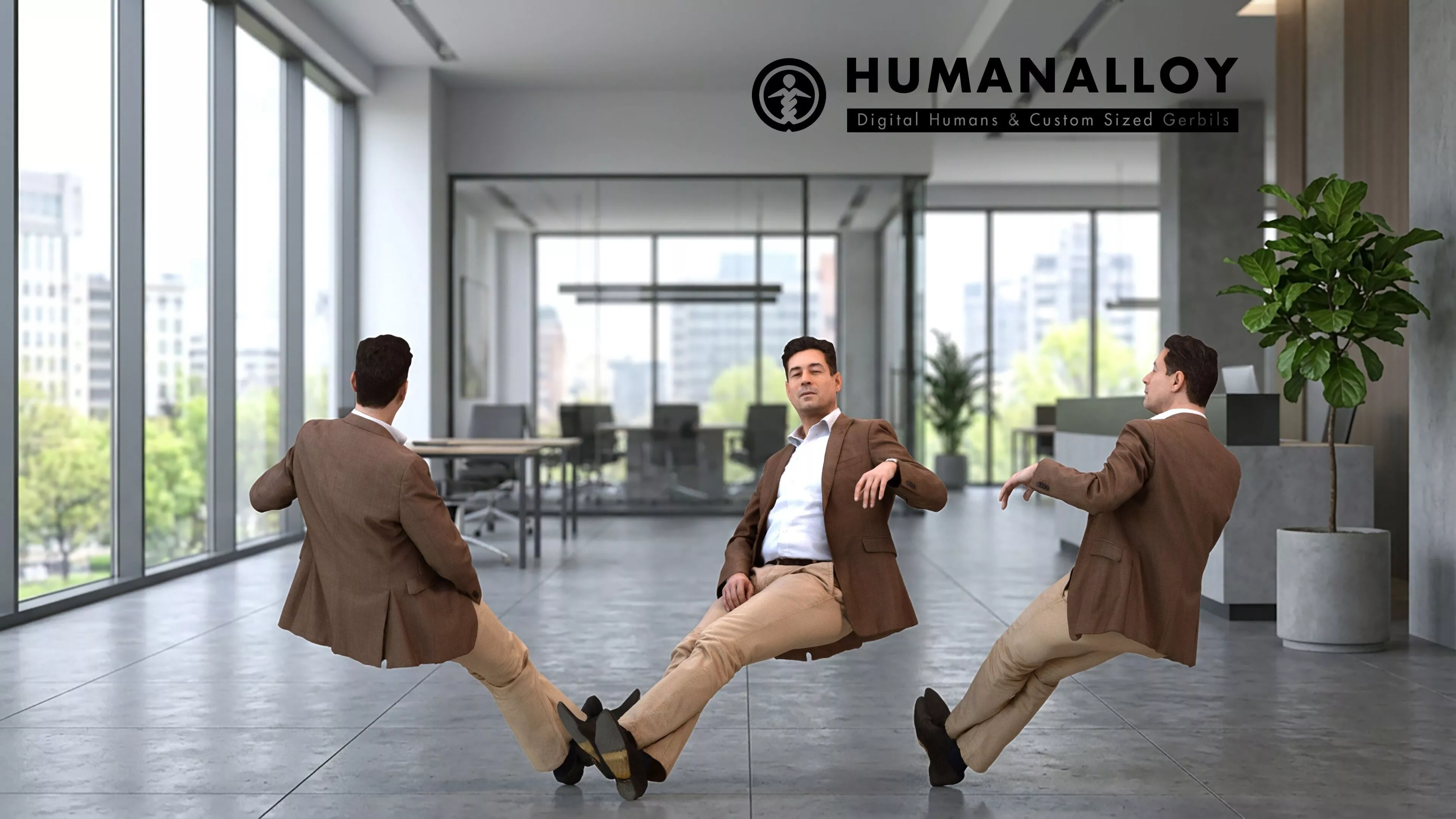 Adult Caucasian male relaxing in office wearing transitional 3D model