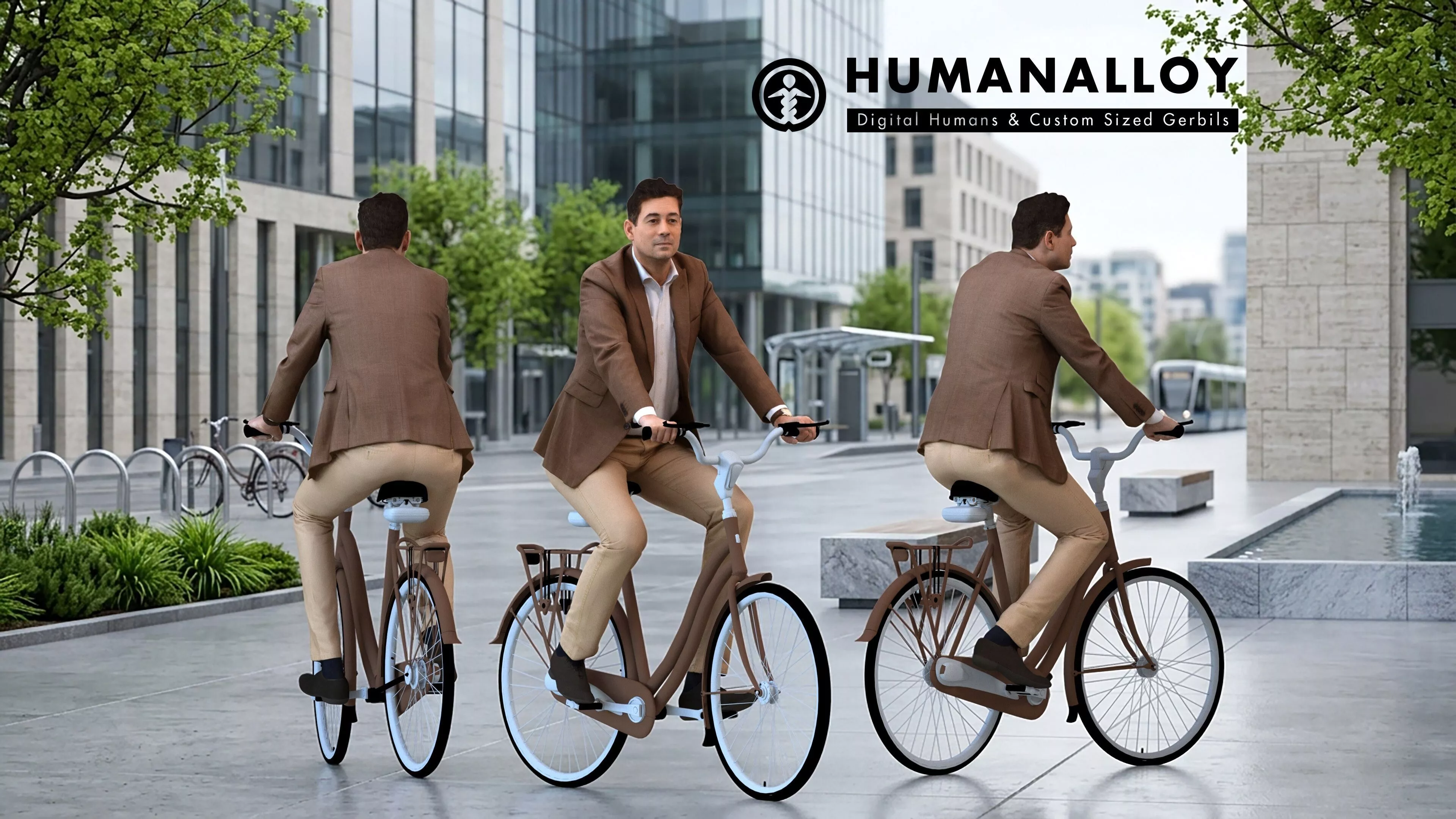 Adult Caucasian man cycling through public space in 3D model