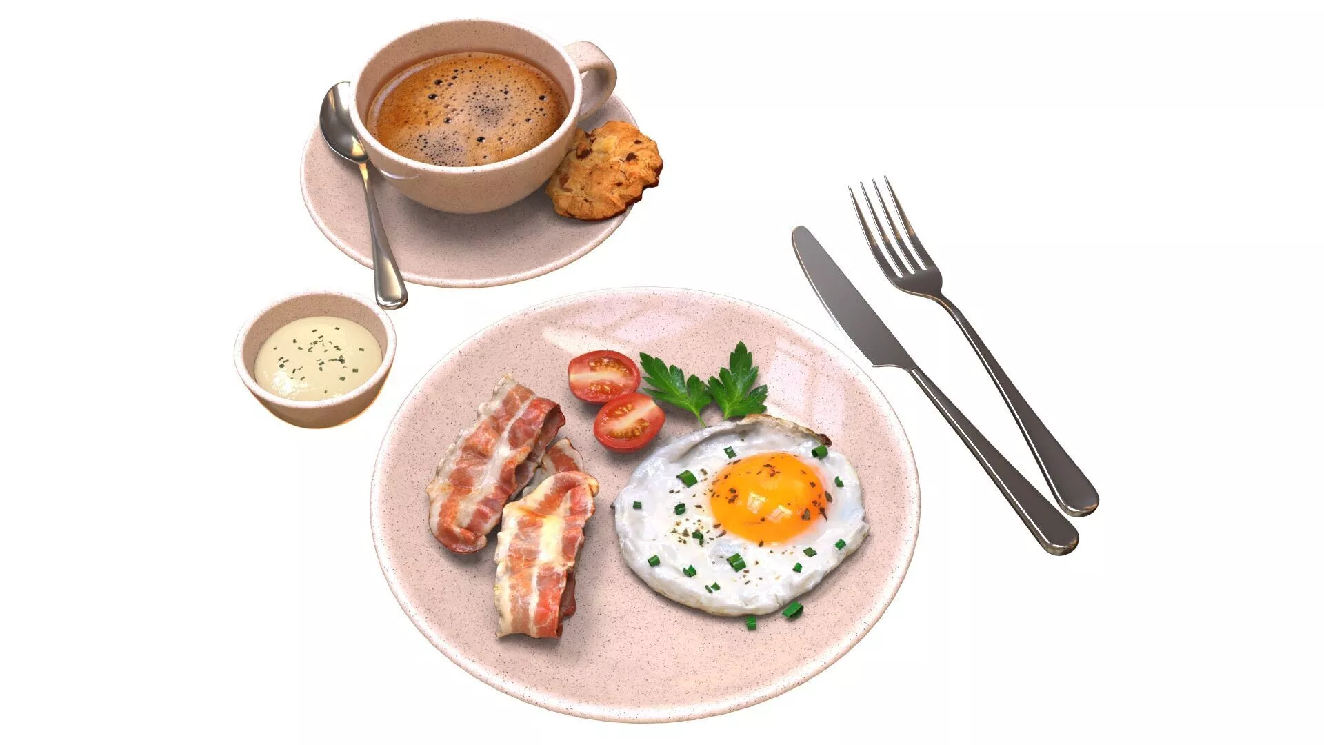 Breakfast with fried egg bacon and coffee 3D model