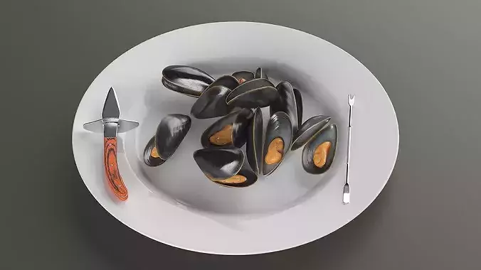 Boiled Mussels with Seafood Knife Fork 3D model 5