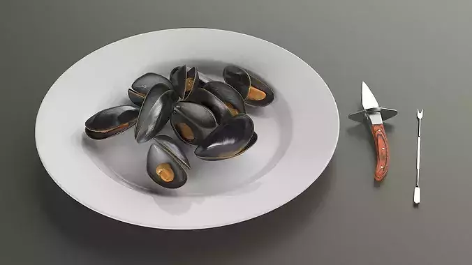 Boiled Mussels with Seafood Knife Fork 3D model 4