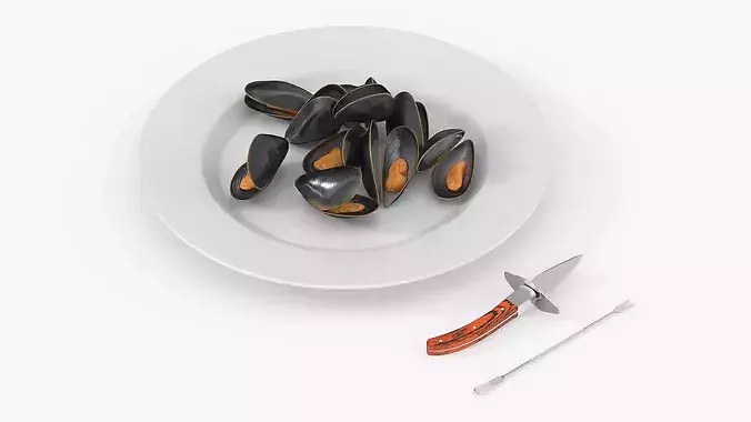 Boiled Mussels with Seafood Knife Fork 3D model