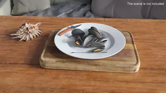 Boiled Mussels with Seafood Knife Fork 3D model 3