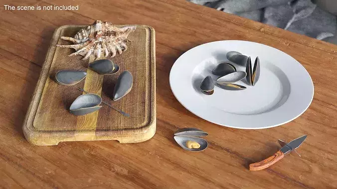 Boiled Mussels with Seafood Knife Fork 3D model 2