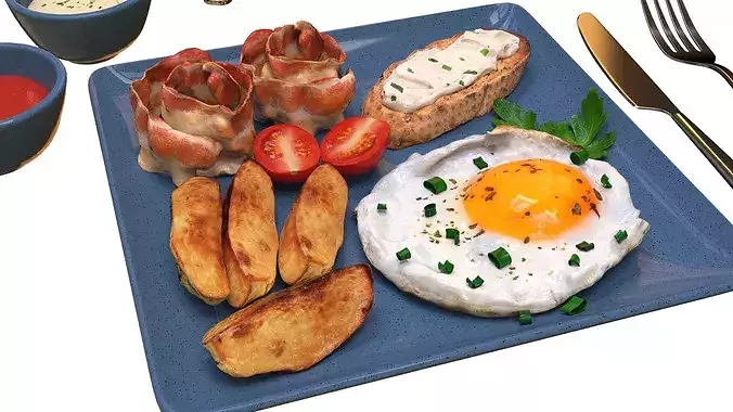Breakfast with fried egg bacon and coffee 02 3D model 5