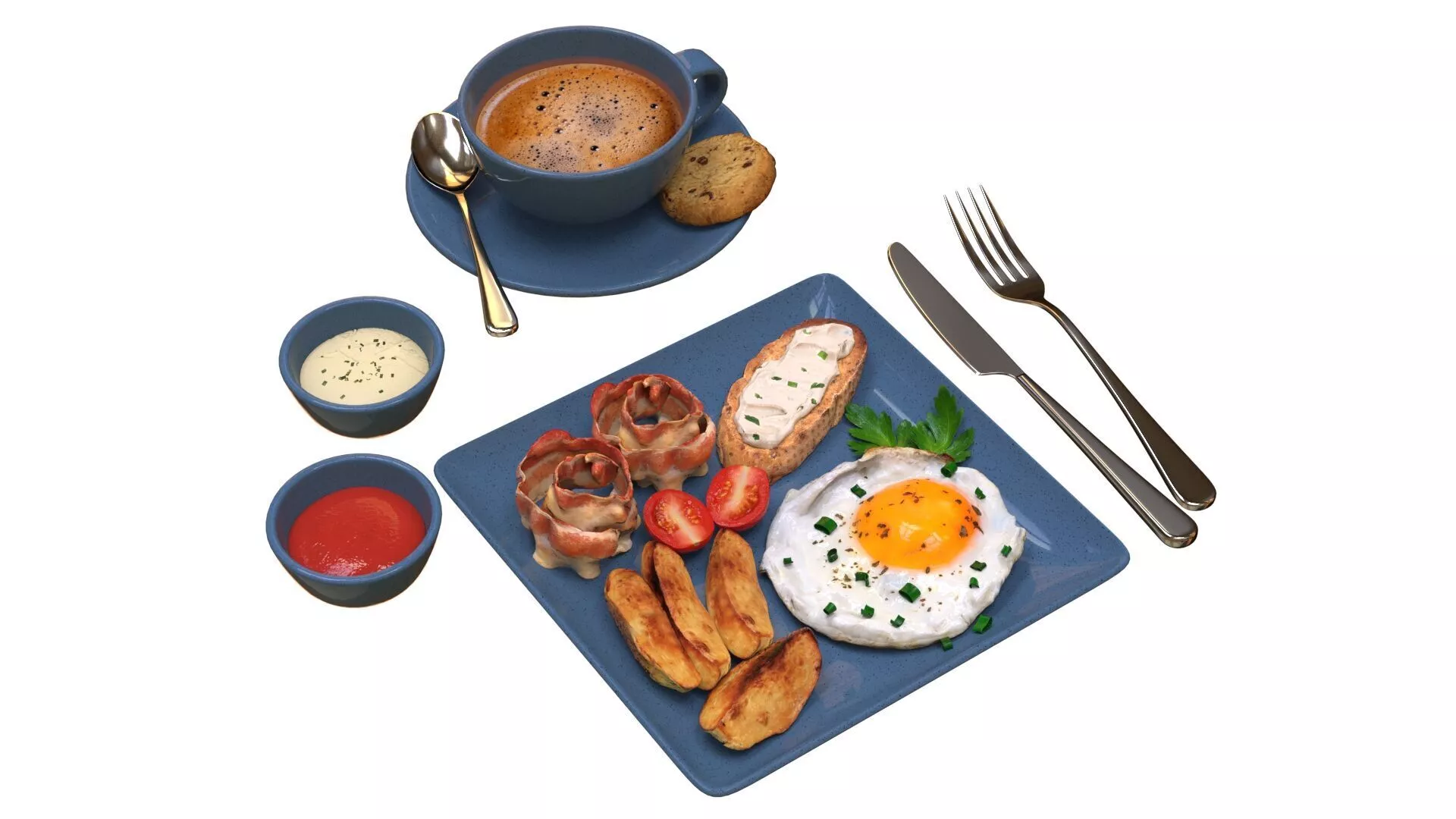 Breakfast with fried egg bacon and coffee 02 3D model