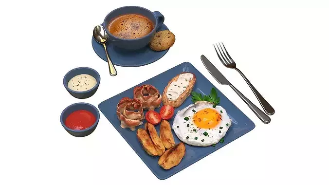 Breakfast with fried egg bacon and coffee 02 3D model