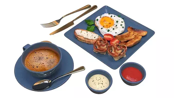 Breakfast with fried egg bacon and coffee 02 3D model 4