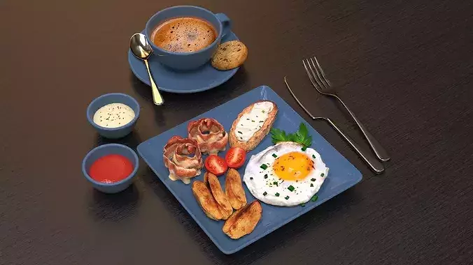 Breakfast with fried egg bacon and coffee 02 3D model 2