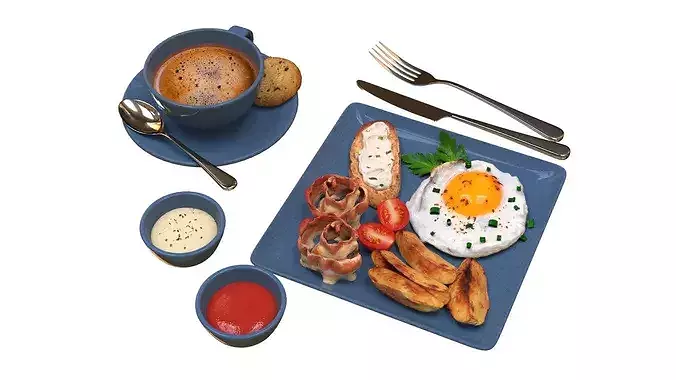 Breakfast with fried egg bacon and coffee 02 3D model 3
