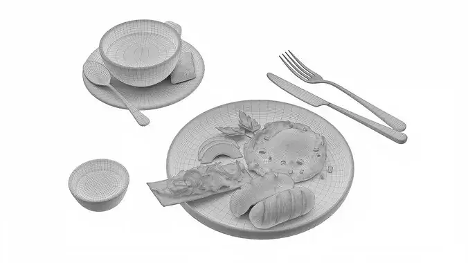 Breakfast with fried egg sausages and coffee 02 3D model 7