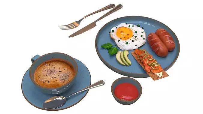Breakfast with fried egg sausages and coffee 02 3D model 4