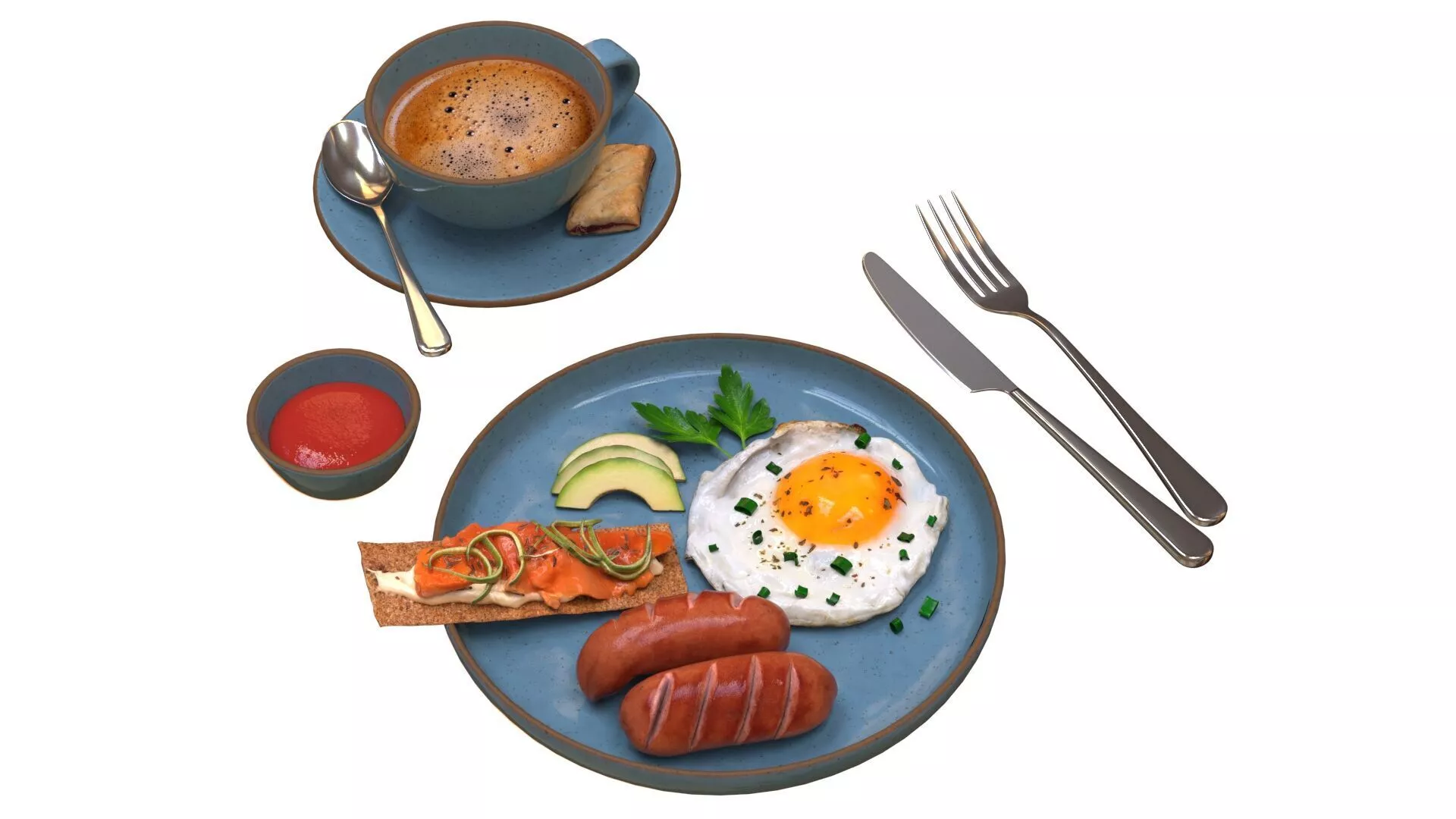 Breakfast with fried egg sausages and coffee 02 3D model
