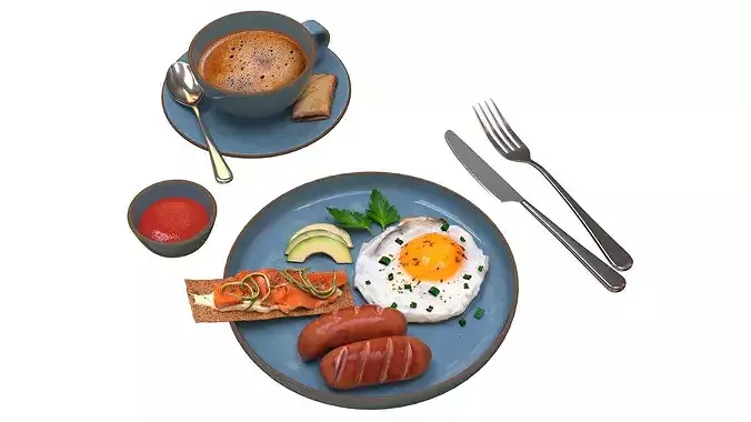 Breakfast with fried egg sausages and coffee 02 3D model