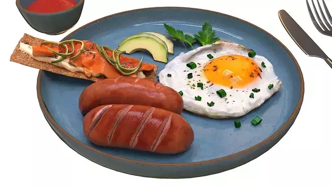 Breakfast with fried egg sausages and coffee 02 3D model 5