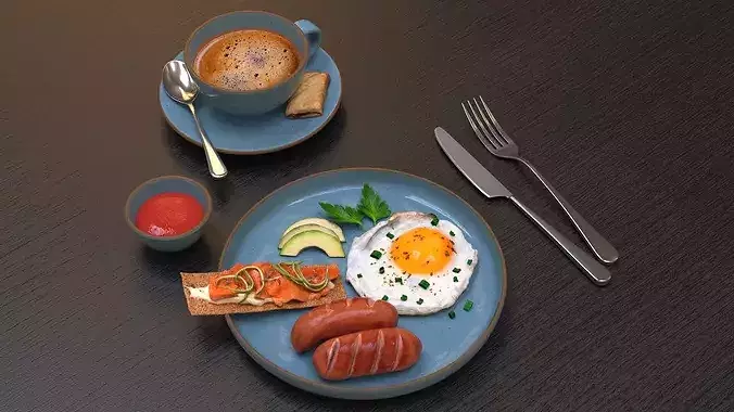 Breakfast with fried egg sausages and coffee 02 3D model 2
