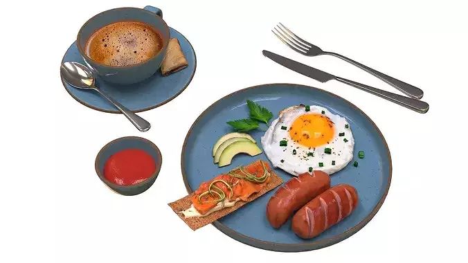 Breakfast with fried egg sausages and coffee 02 3D model 3