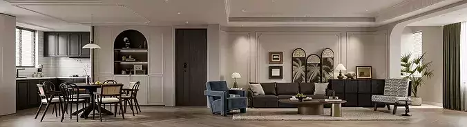 French retro style living and dining room 3D model