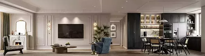French retro style living and dining room 3D model 2