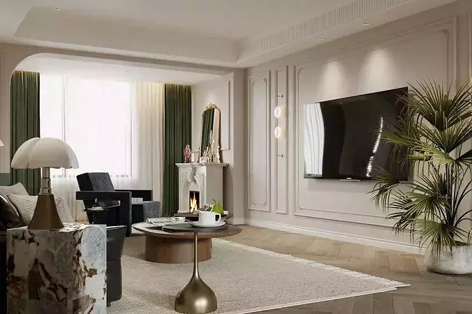 French retro style living and dining room 3D model 5