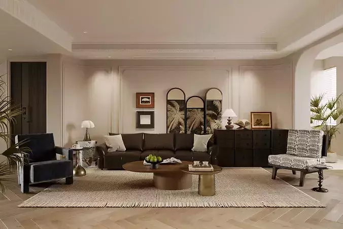 French retro style living and dining room 3D model 3