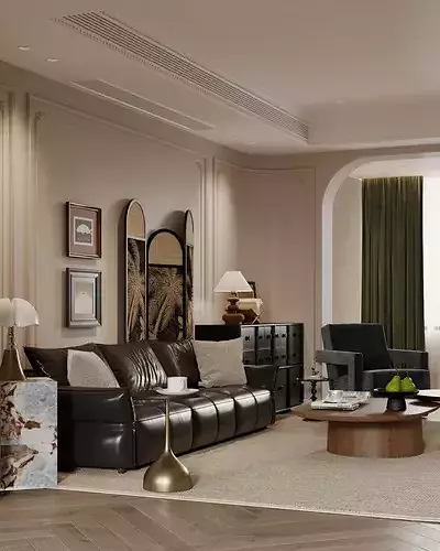 French retro style living and dining room 3D model 4