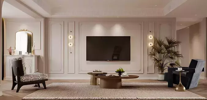 French retro style living and dining room 3D model 6