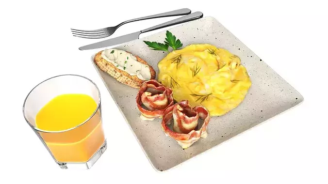 Breakfast with omlette bacon and juice 3D model 2