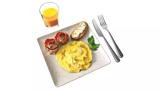 Breakfast with omlette bacon and juice 3D model